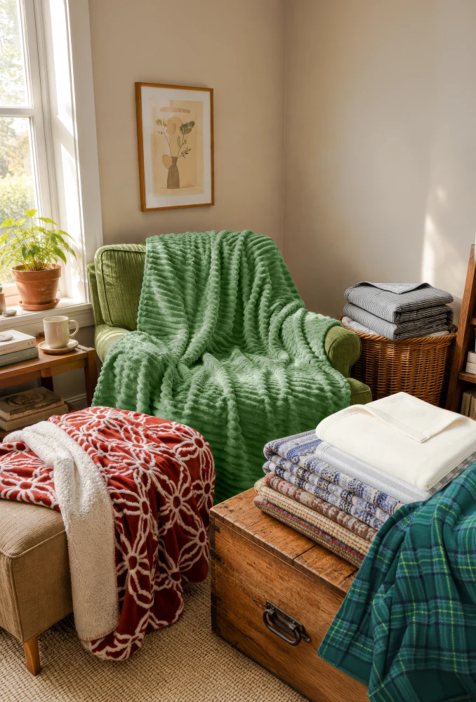 Premium blankets arranged in a warm living room