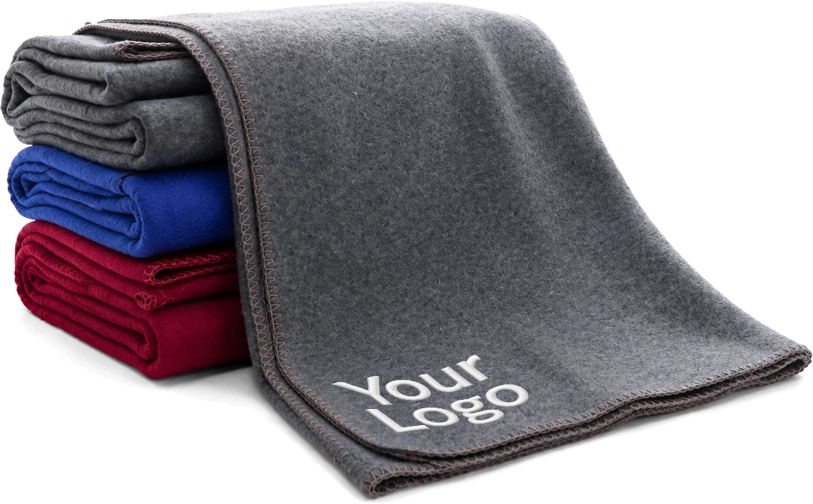 Grey, blue and red fleece blankets embroidered with a custom logo