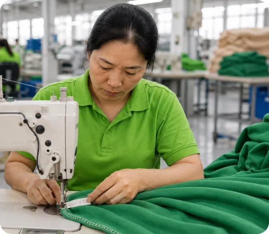 Fashion Hometex employee sewing a private label sherpa blanket in Thailand