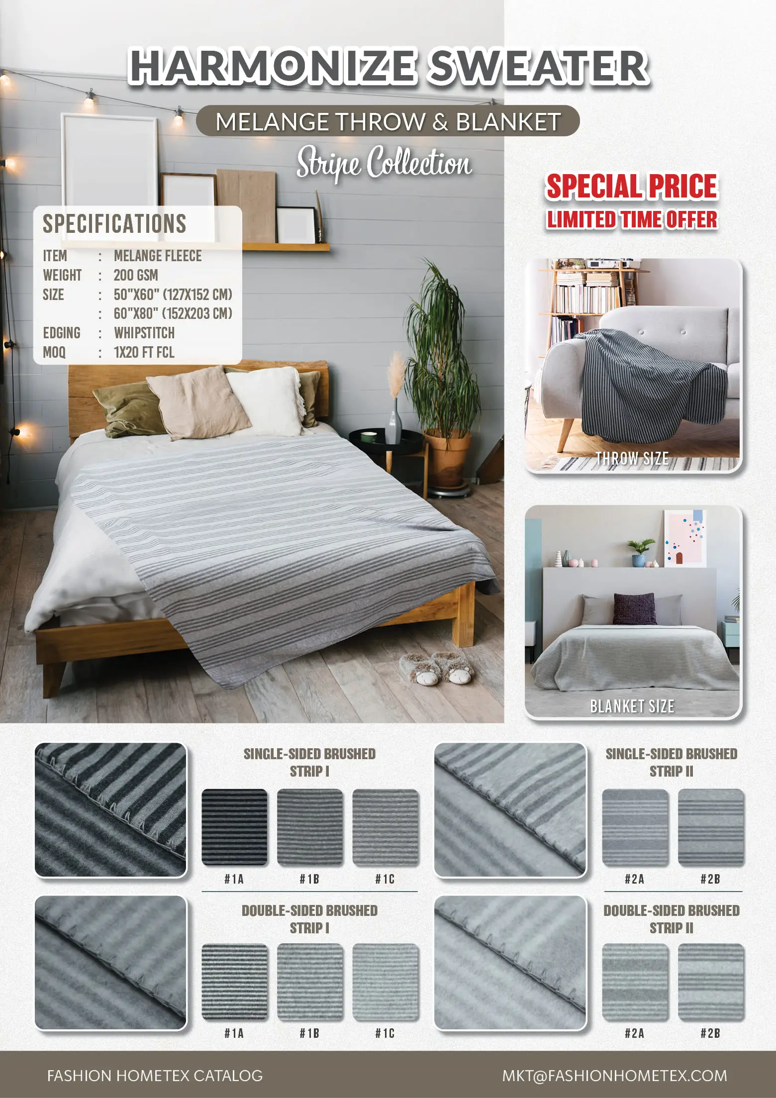 No-Dye Melange Fleece Blanket | Double-Sided Brushed | Stripe I Grey Shade