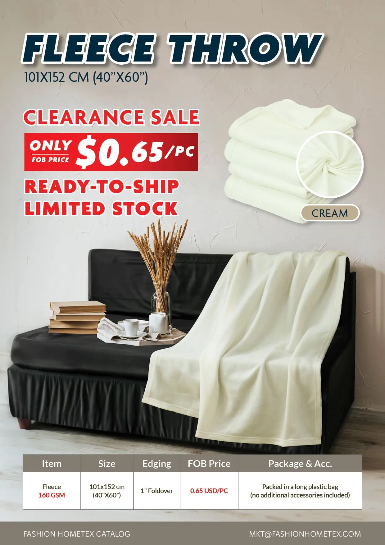 Clearance Sale In-stock Ready-to-ship Fleece Throw Cream Color 40x60 Inches