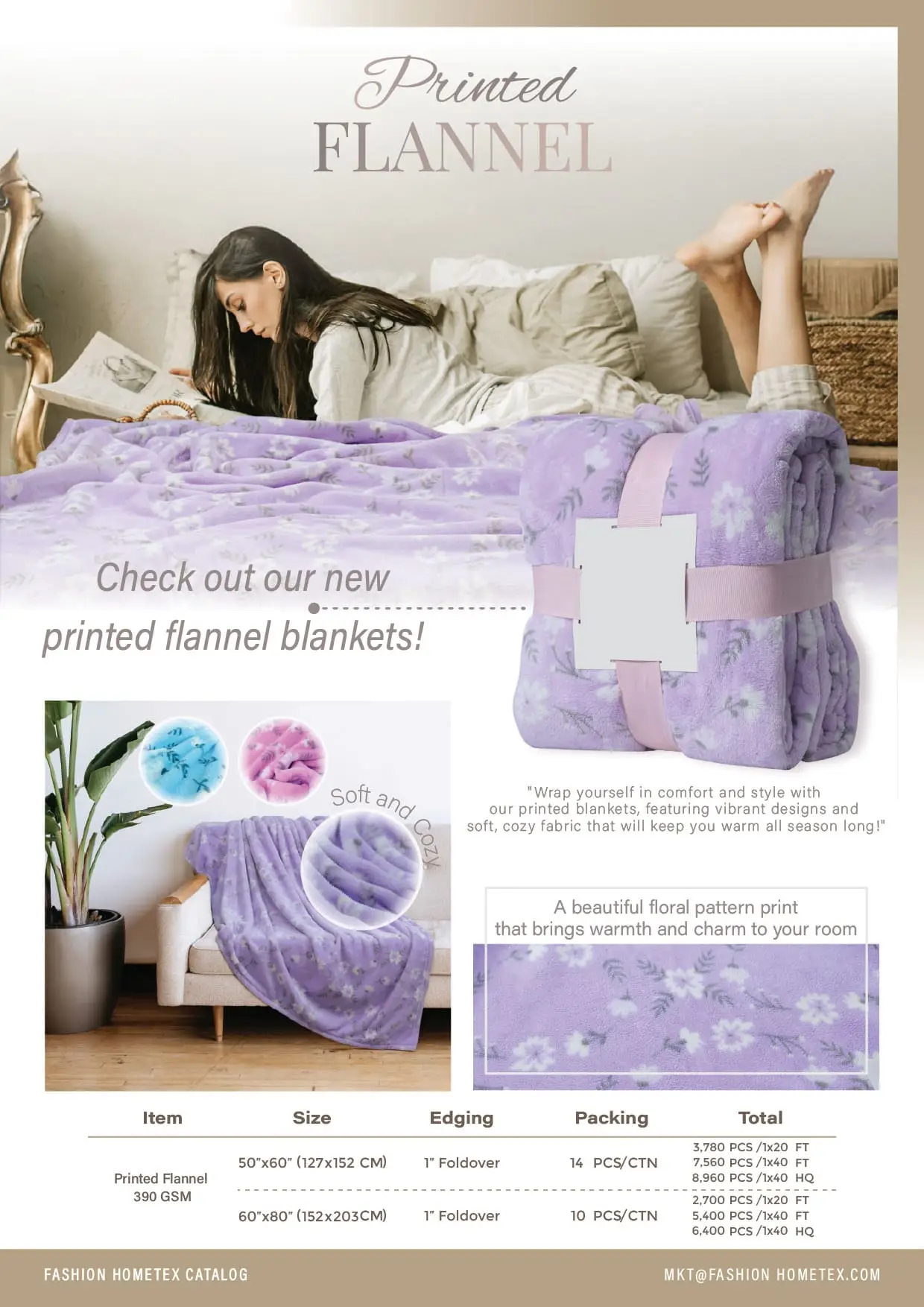Purple Flower Printed Flannel Blanket – Ultra Soft & Lightweight Throw