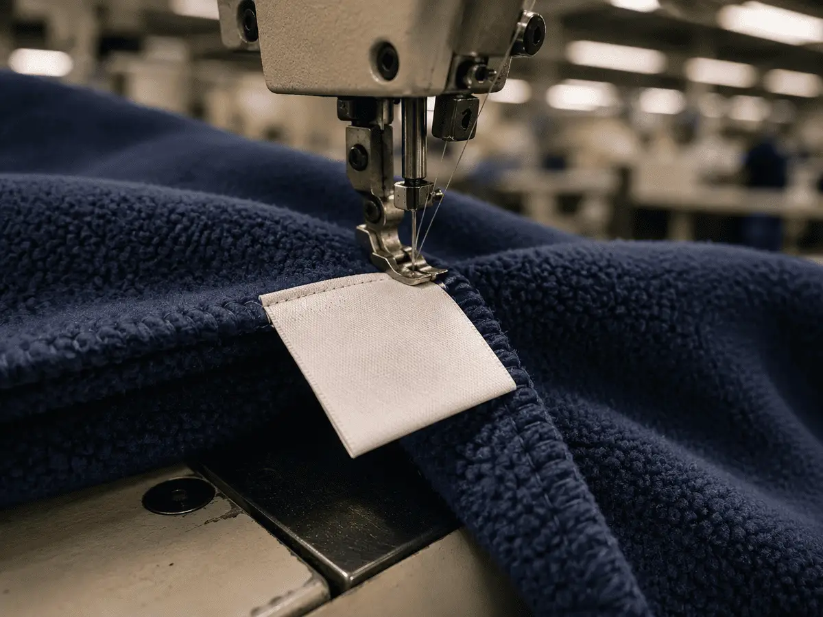 Blank fabric label being sewn onto a fleece blanket edge