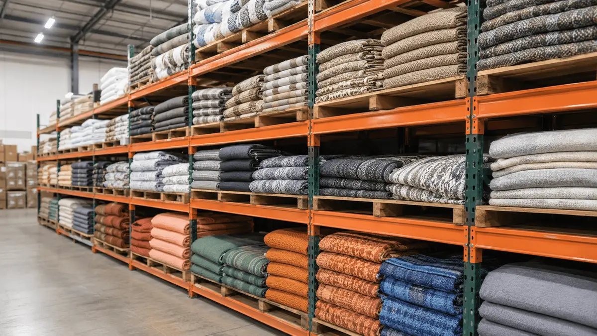 Ready-to-ship blankets organized on warehouse shelves