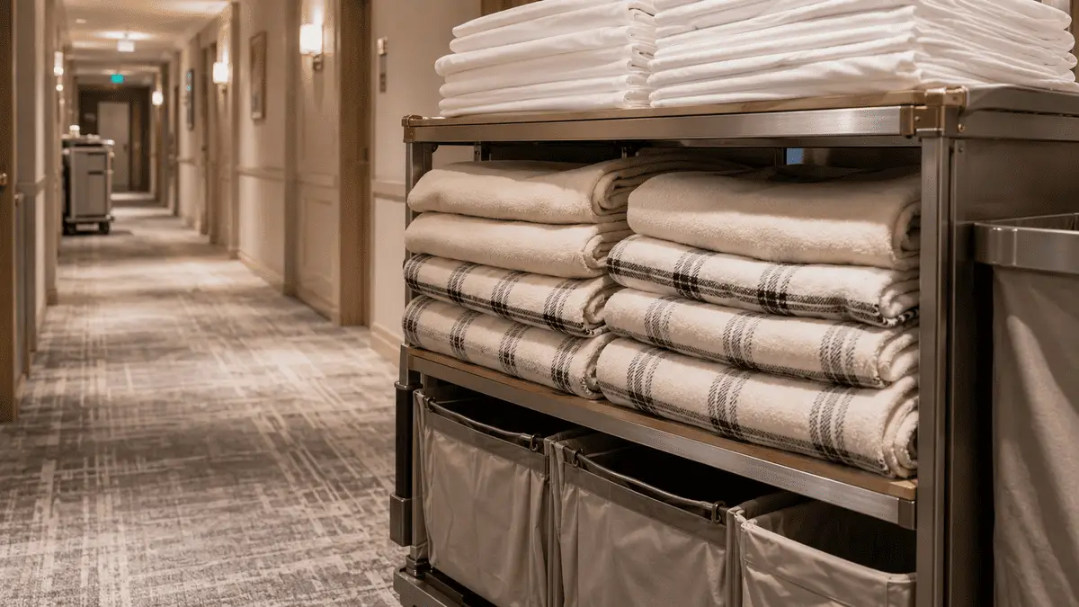 Hotel housekeeping cart stocked with clean blankets and linens