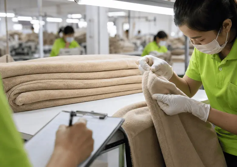 Factory worker inspecting blanket seams during quality control