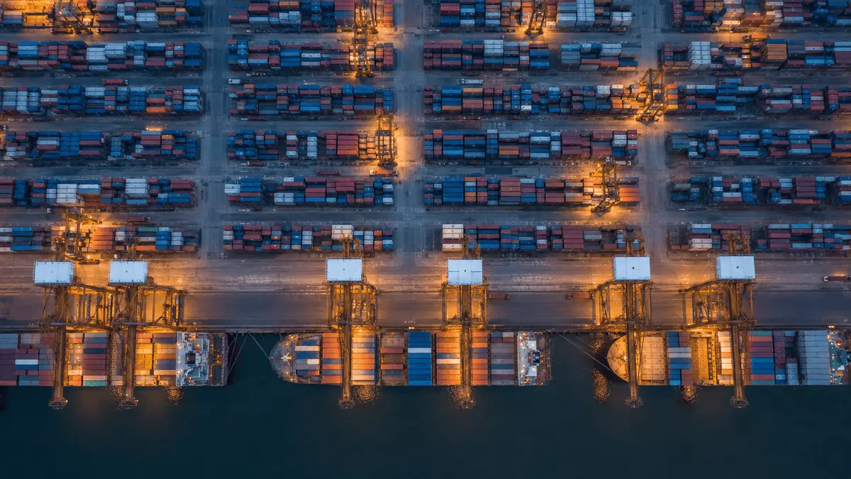 Shipping containers arranged at an international export port