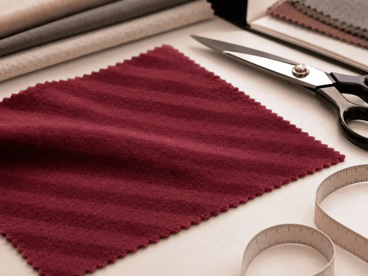 Fleece fabric sample with measuring tape for quality evaluation