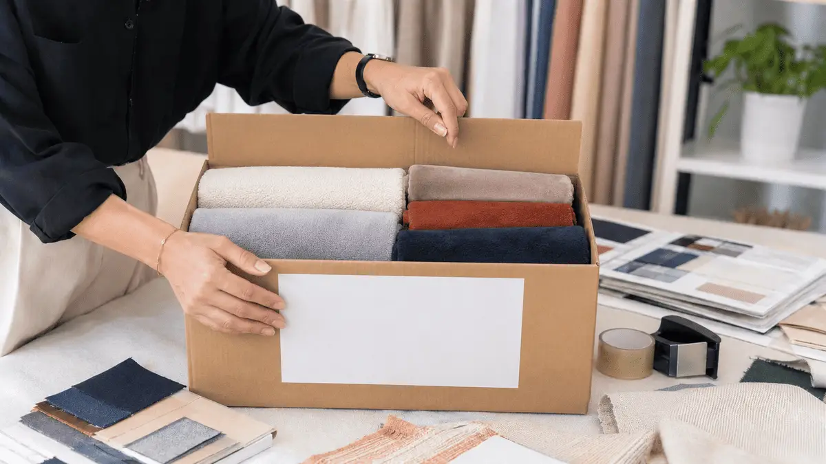 Blanket fabric samples being prepared for international delivery