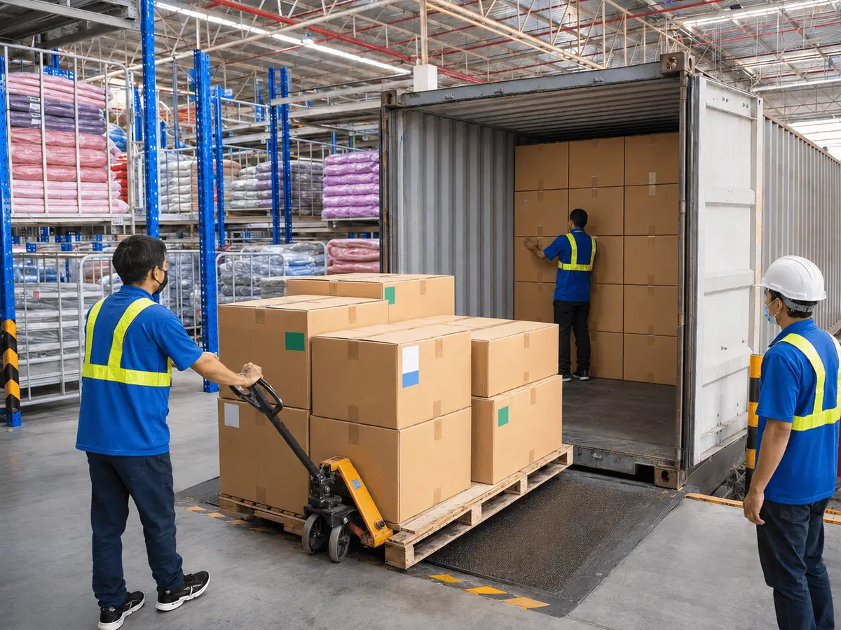 Mixed product cartons being loaded into an export container