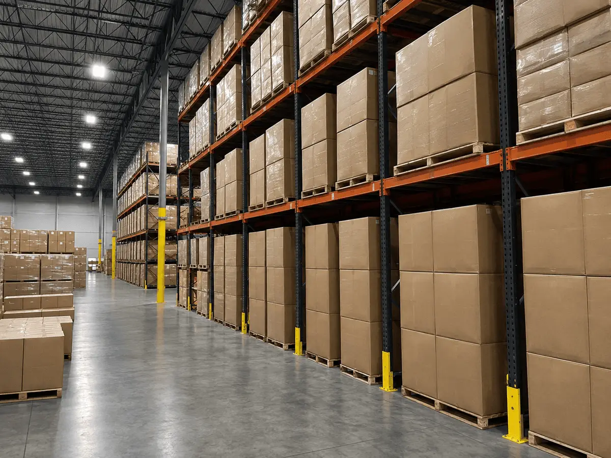 Packaged blanket inventory stored on high-capacity warehouse racks