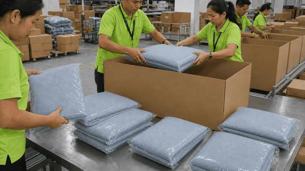 Factory workers packing blankets for large retail chain programs