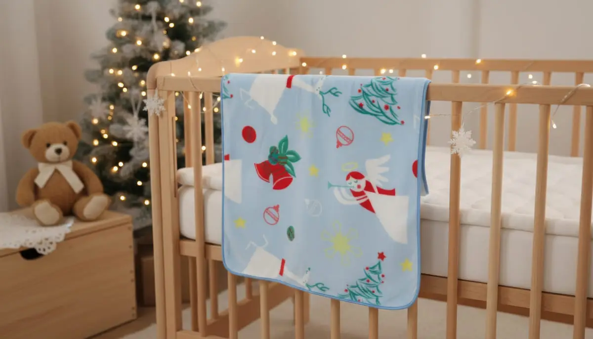 Angel Snow Blue fleece baby blanket print displayed on a wooden cot
