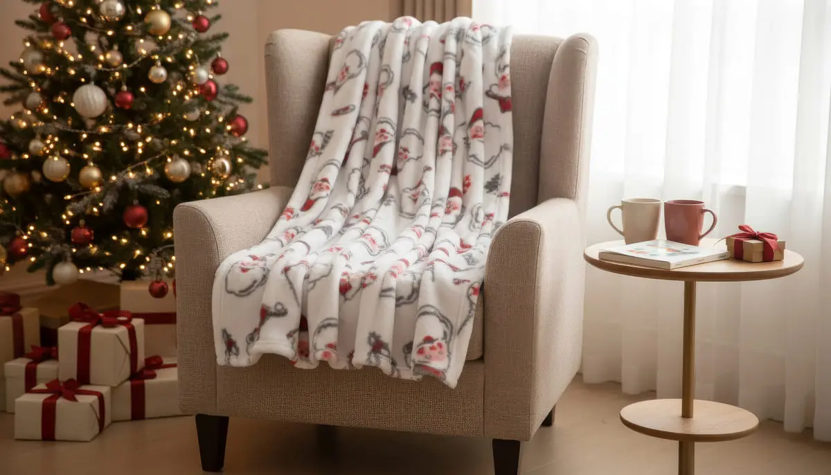 Christmas printed plush blankets with Santa and holiday patterns