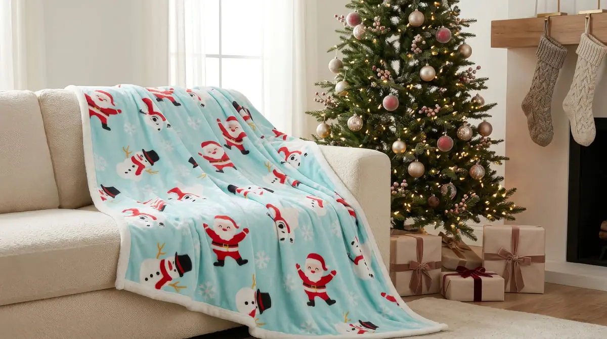Santa Snowman printed plush Christmas reversible blanket displayed in a festive living room