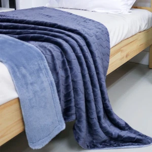 100% Recycled Polyester Zig Zag Pattern Jacquard Flannel Reversible Plush Blanket (Navy, Blue)