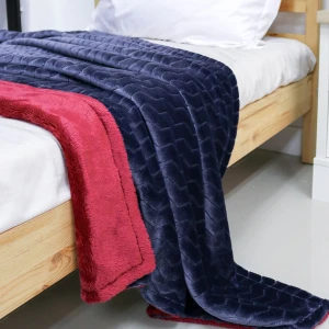 100% Recycled Polyester Zig Zag Pattern Jacquard Flannel Reversible Plush Blanket (Navy, Red)