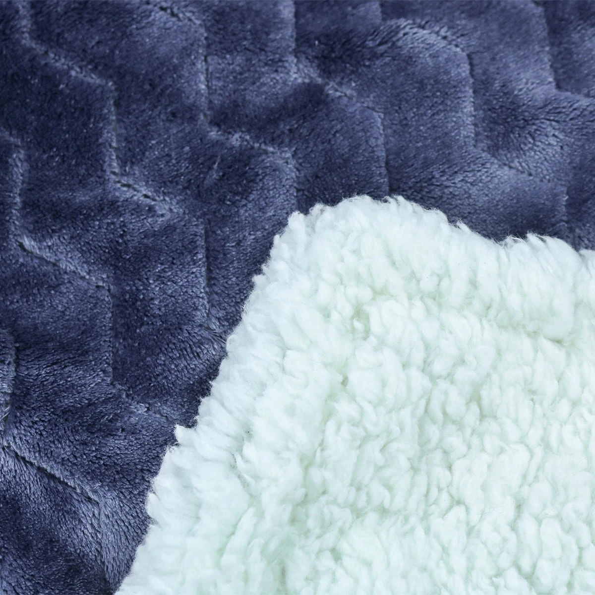 100% Recycled Polyester Zig Zag Pattern Jacquard Flannel Reversible Sherpa Blanket (Navy, White)