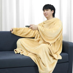 Adult Wearable Blanket Non-Pocket - Wombat Plush Blanket with Sleeves (Yellow)