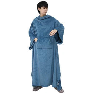 Adult Wearable Blanket with Pocket - Flannel Blanket with Sleeves (Navy)