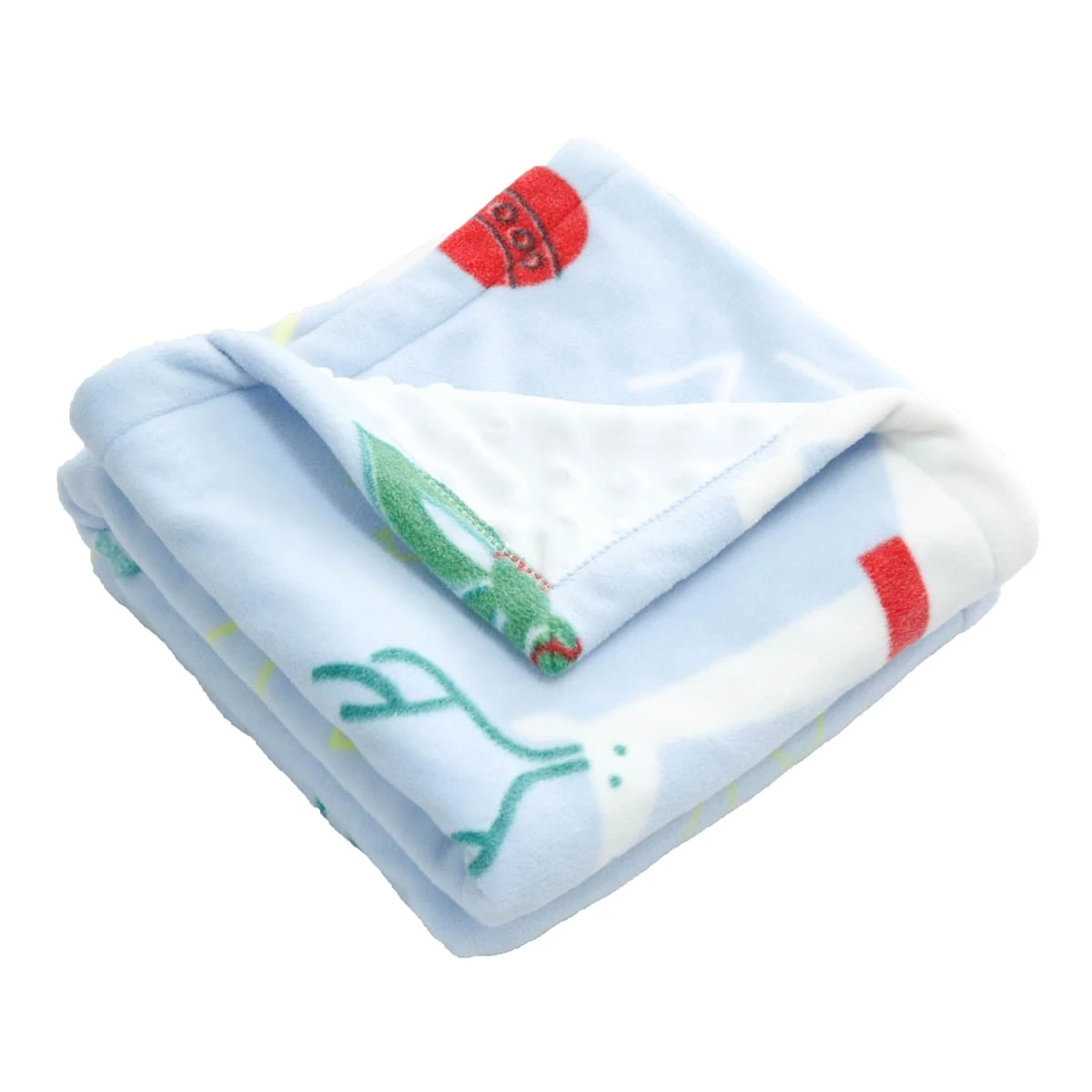 Angel Snow Printed Fleece Reversible to White Dimple Touch Baby Blanket with Foldover Edging (Blue)