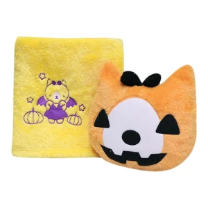 Blankar V2 (Halloween Collection) 3D Embroidery Plush Pillow Blanket (Orange,Yellow)