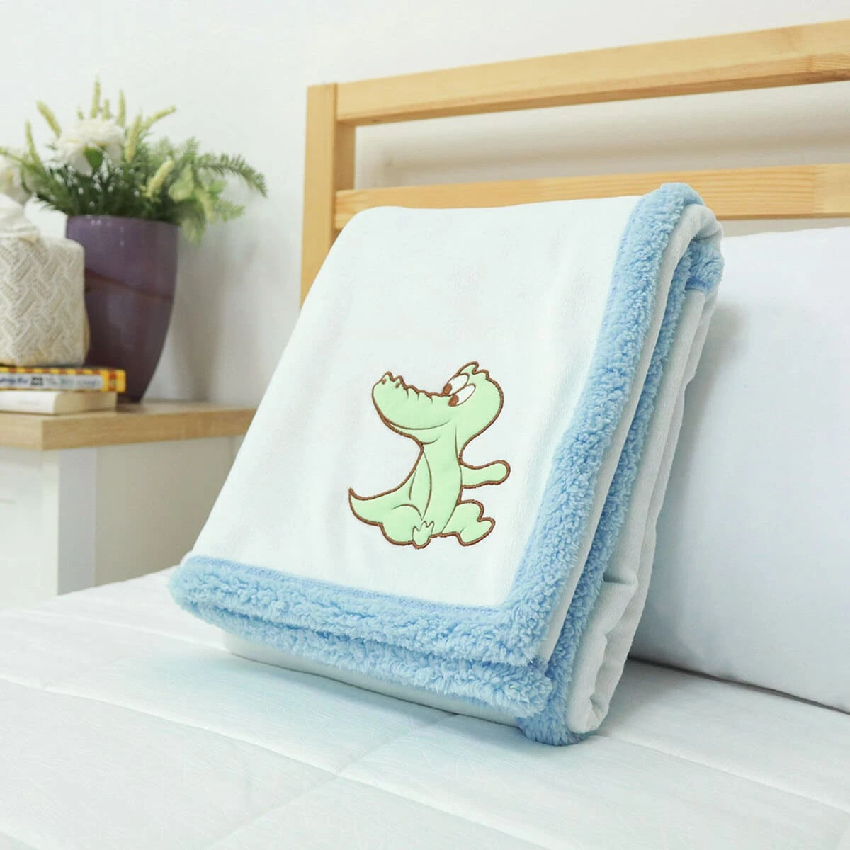 Crocodile Embroidery Velfleece Reversible to Blue Sherpa Baby Blanket