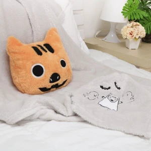 Eddie V2 (Halloween Collection) 3D Embroidery Plush Pillow Blanket (Orange,Grey)