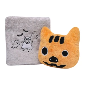 Eddie V2 (Halloween Collection) 3D Embroidery Plush Pillow Blanket (Orange,Grey)