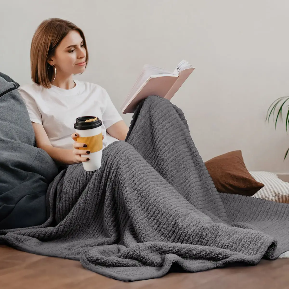Fino Plush Throw | Bold Striped Textured | Dark Grey