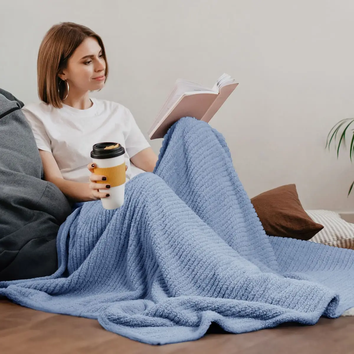 Fino Plush Throw | Bold Striped Textured | Light Blue