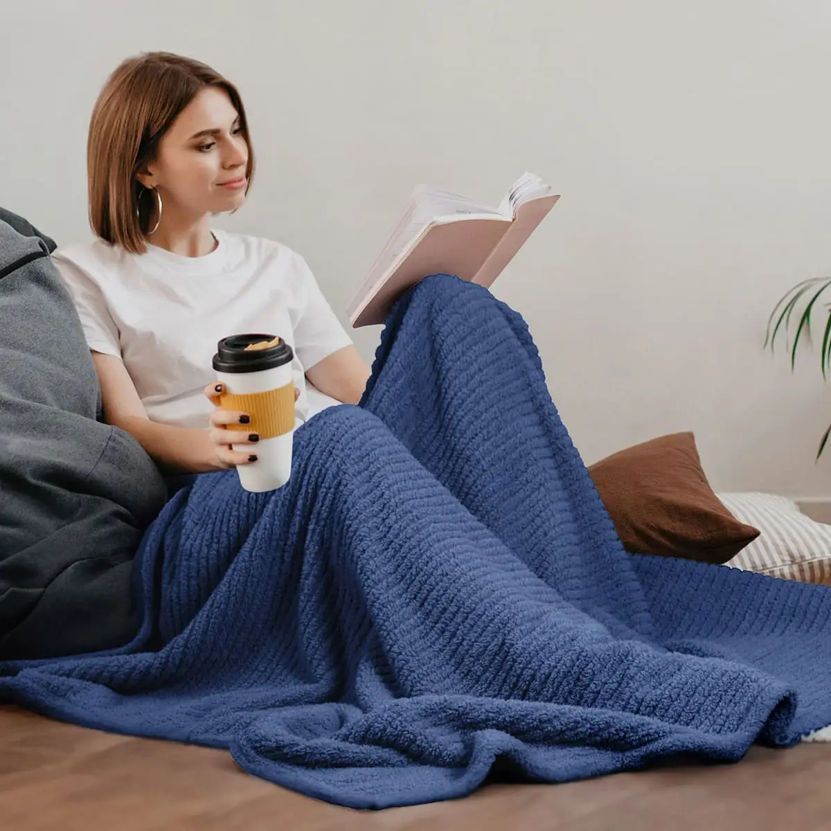 Fino Plush Throw | Bold Striped Textured | Navy
