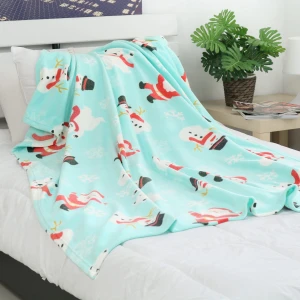 Happy Snow Printed Fleece Baby Blanket with Foldover Edging (Mint Green)