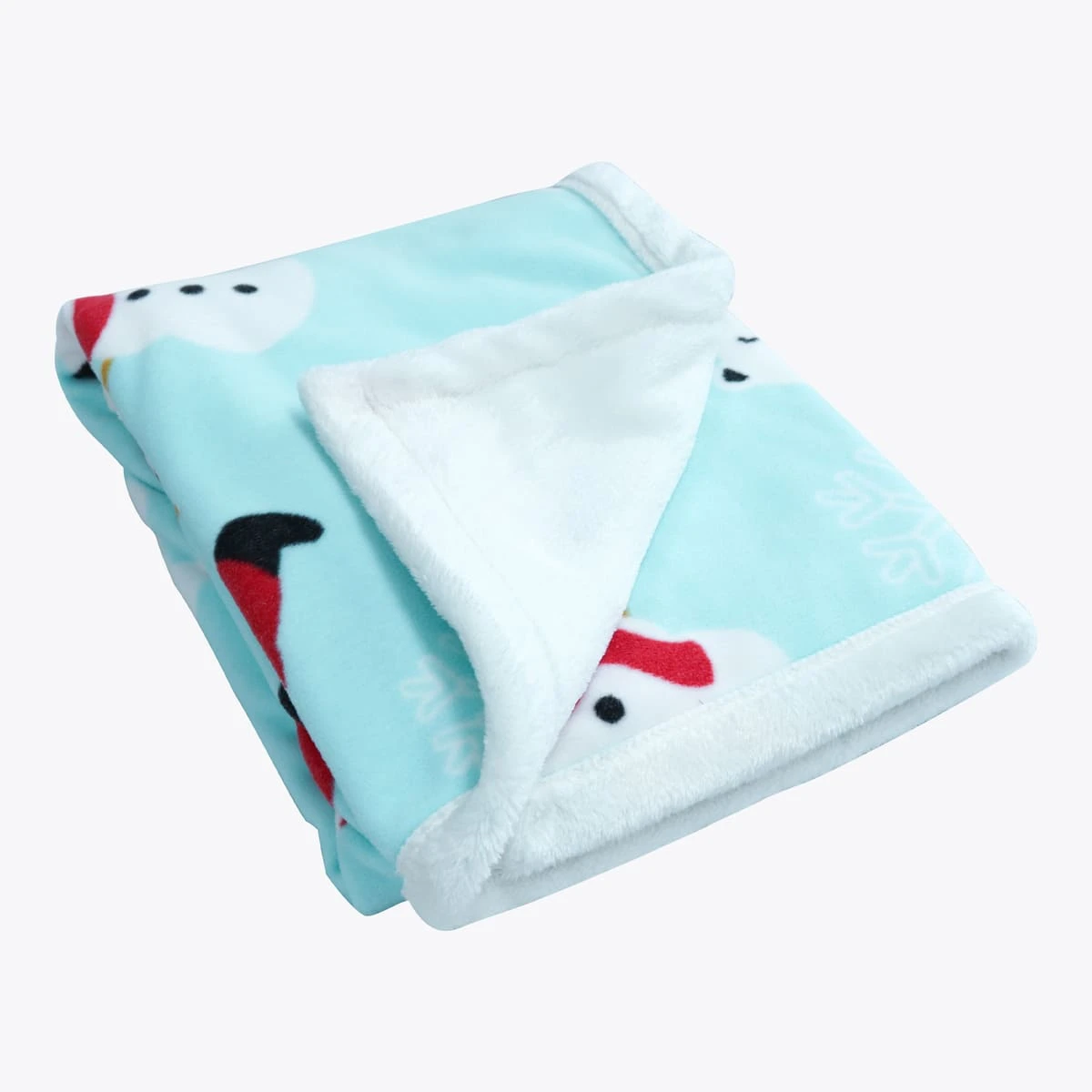 Happy Snow Printed Fleece Reversible to White Plush Baby Blanket with Foldover Edging (Mint Green)