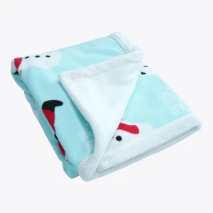 Happy Snow Printed Fleece Reversible to White Plush Baby Blanket with Foldover Edging (Mint Green)