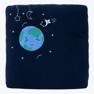 Happy World Embroidery Fleece Pillow Blanket (Navy,Grey)