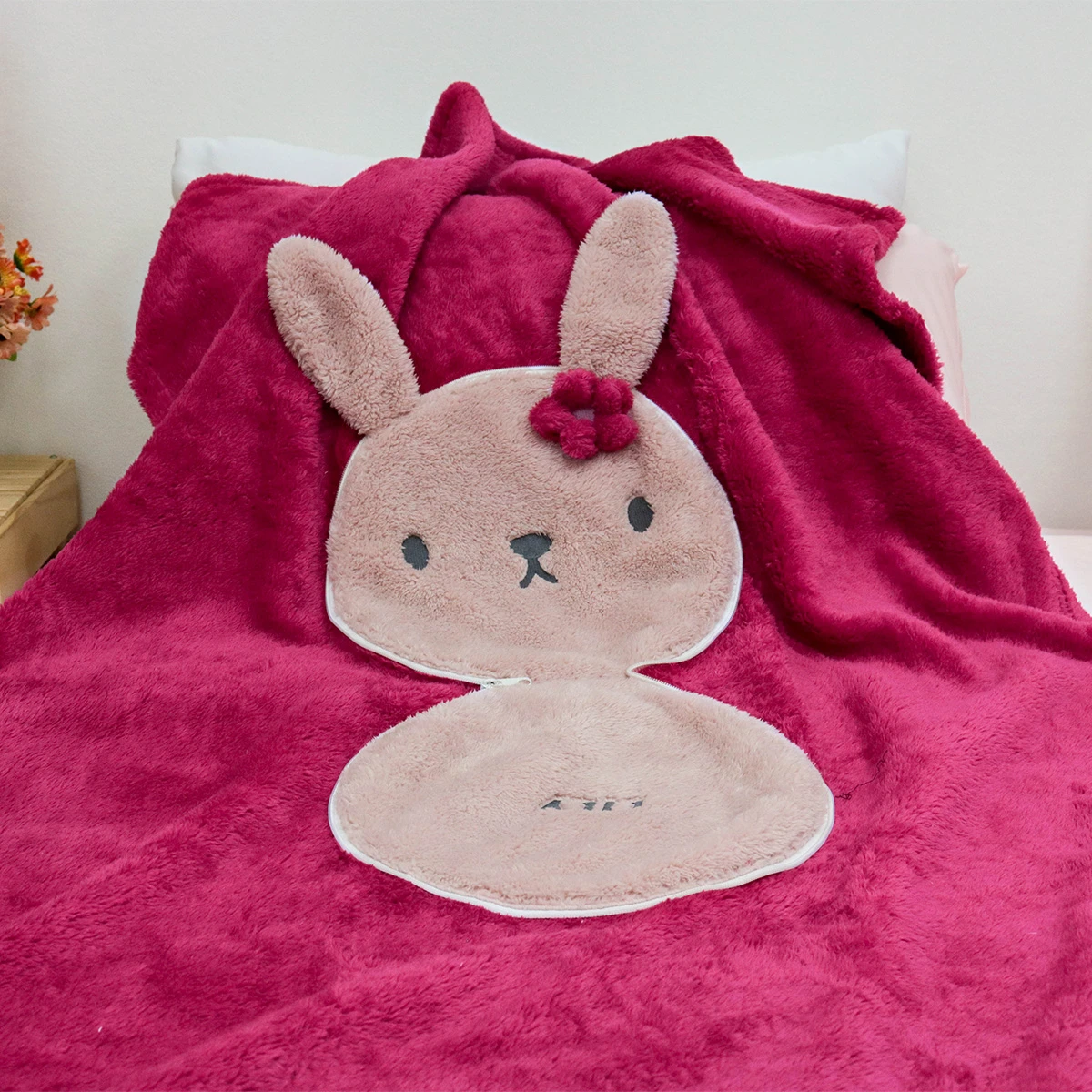 Lily 3D Embroidery Face Shape Flannel Pillow Blanket (Pink,Dark Pink)