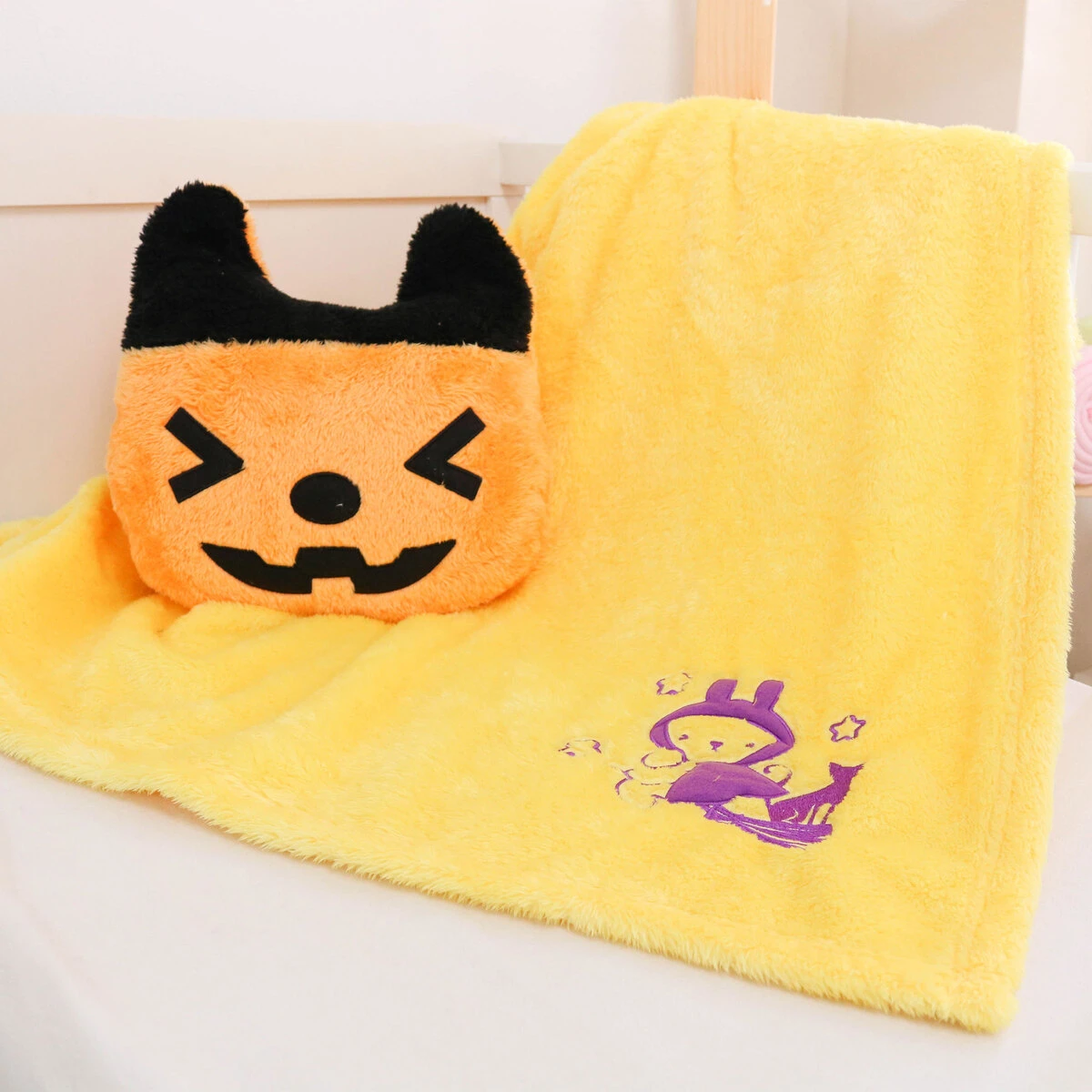 Lily V2 (Halloween Collection) 3D Embroidery Plush Pillow Blanket (Orange,Yellow)