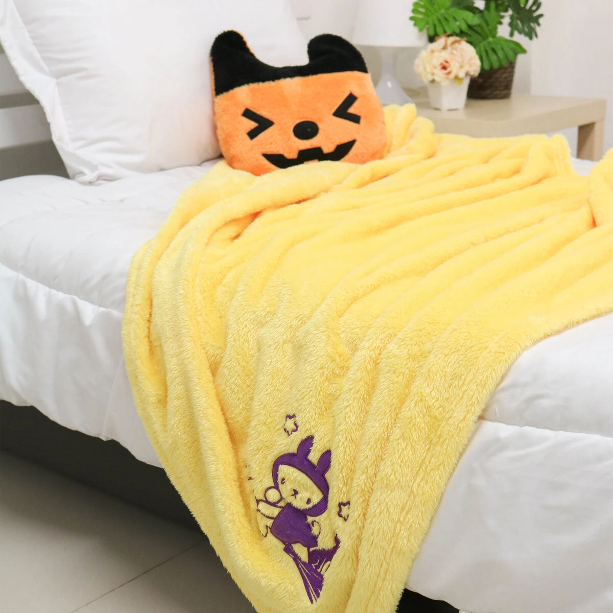 Lily V2 (Halloween Collection) 3D Embroidery Plush Pillow Blanket (Orange,Yellow)