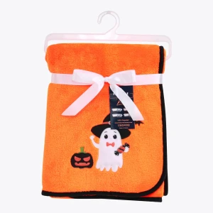 Little Ghost Halloween Embroidery Velour Baby Blanket (Orange)