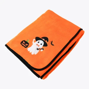 Little Ghost Halloween Embroidery Velour Baby Blanket (Orange)