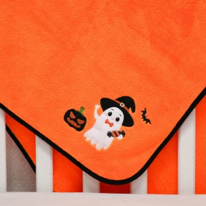 Little Ghost Halloween Embroidery Velour Baby Blanket (Orange)