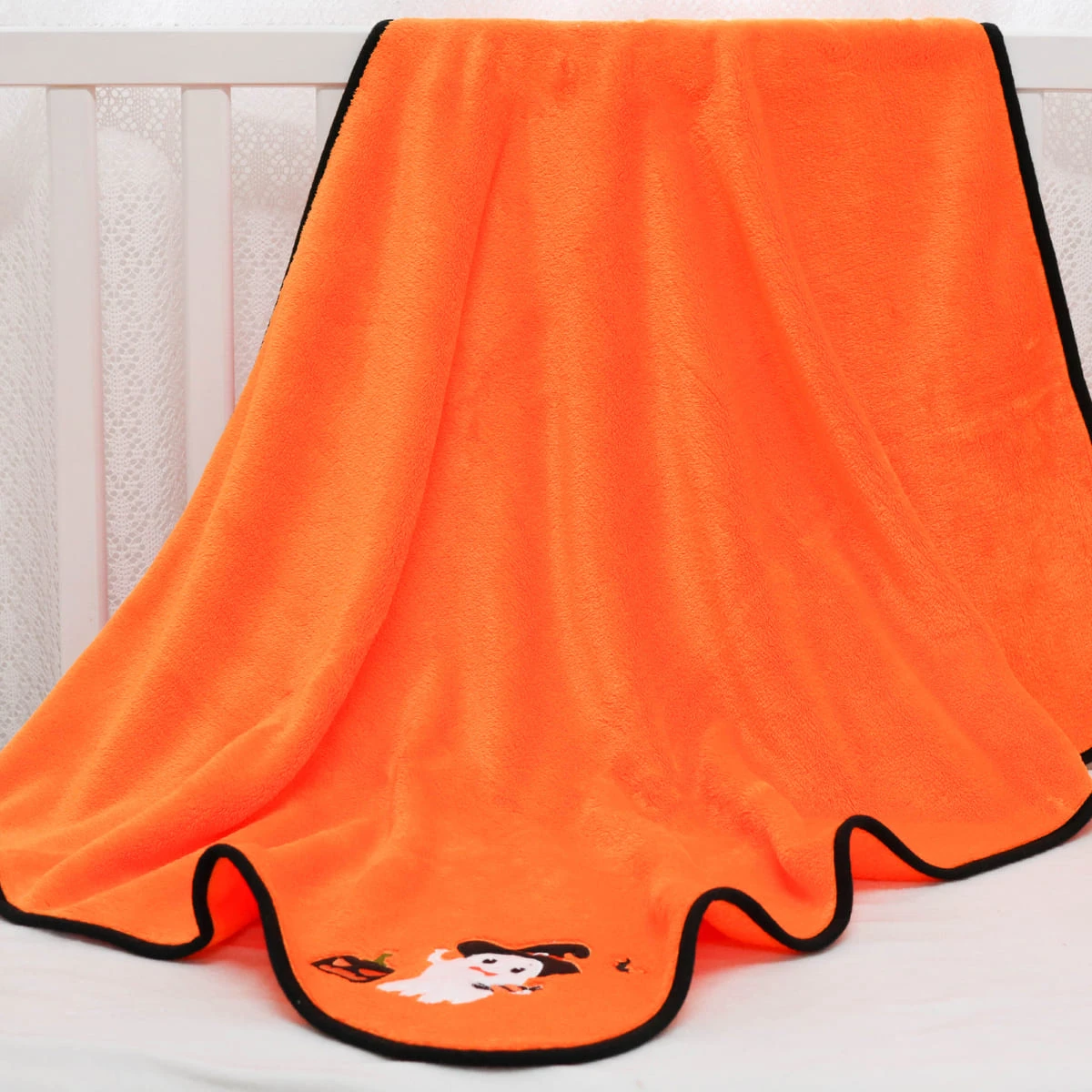 Little Ghost Halloween Embroidery Velour Baby Blanket (Orange)