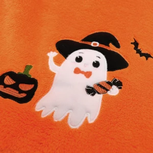 Little Ghost Halloween Embroidery Velour Baby Blanket (Orange)