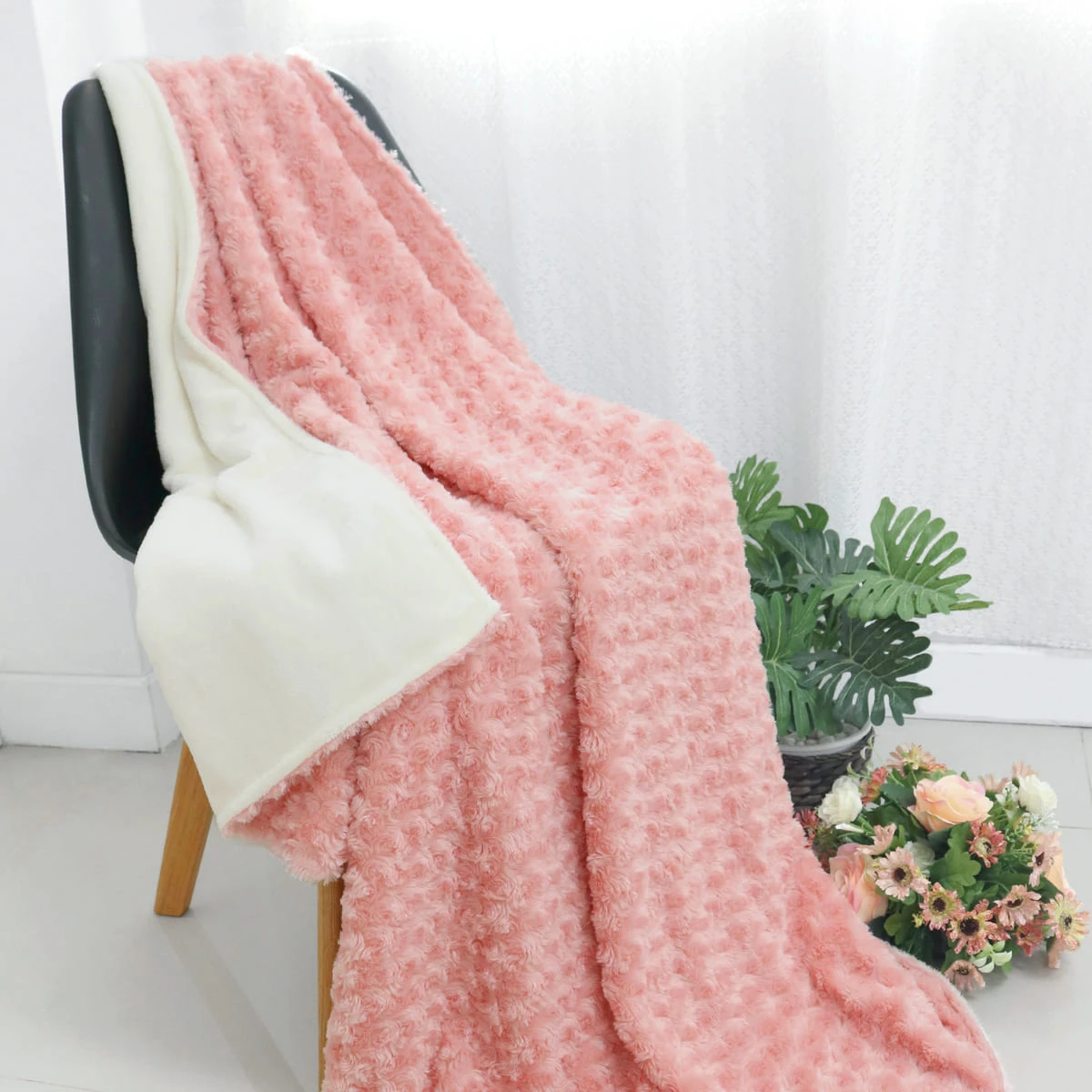 Pink Twist Rose Plush Reversible to White Plush Baby Blanket