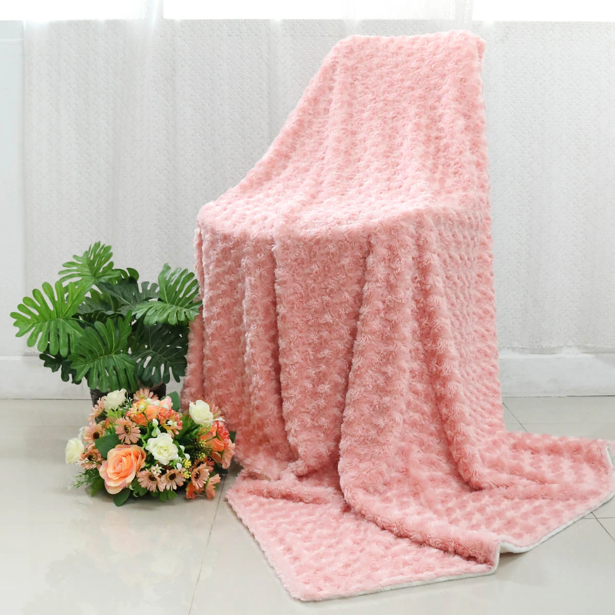 Pink Twist Rose Plush Reversible to White Plush Baby Blanket