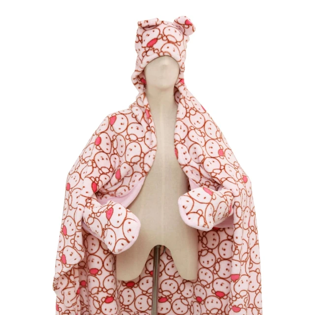 Pol V2 Printed Flannel Hooded Baby Blanket with Sleeves (Pink)