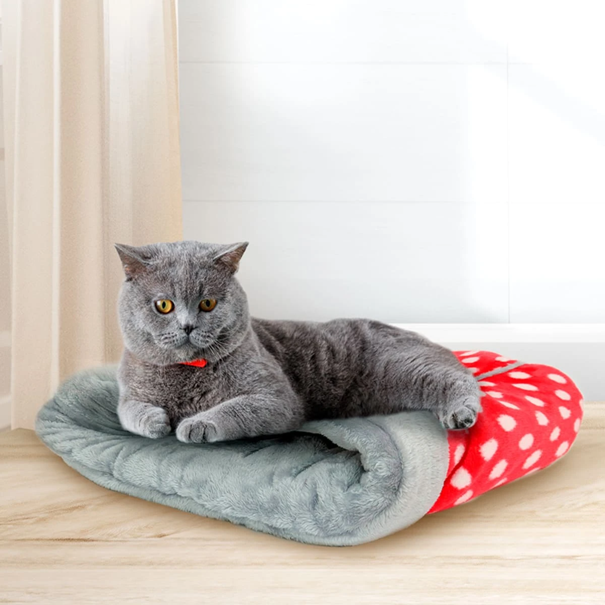 Printed Plush Pet Sleeping Bag (Red Whit Dot)