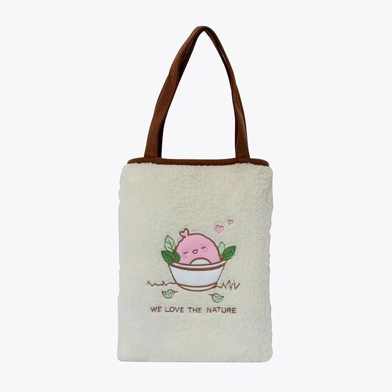 Puffy Embroidery Recycled Plush 2 Sided Tote Bag with Printed Fleece Blanket