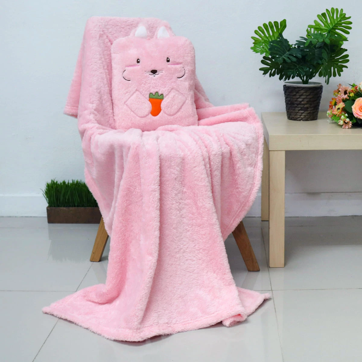 Rabbit Plush Pillow Blanket (Pink)